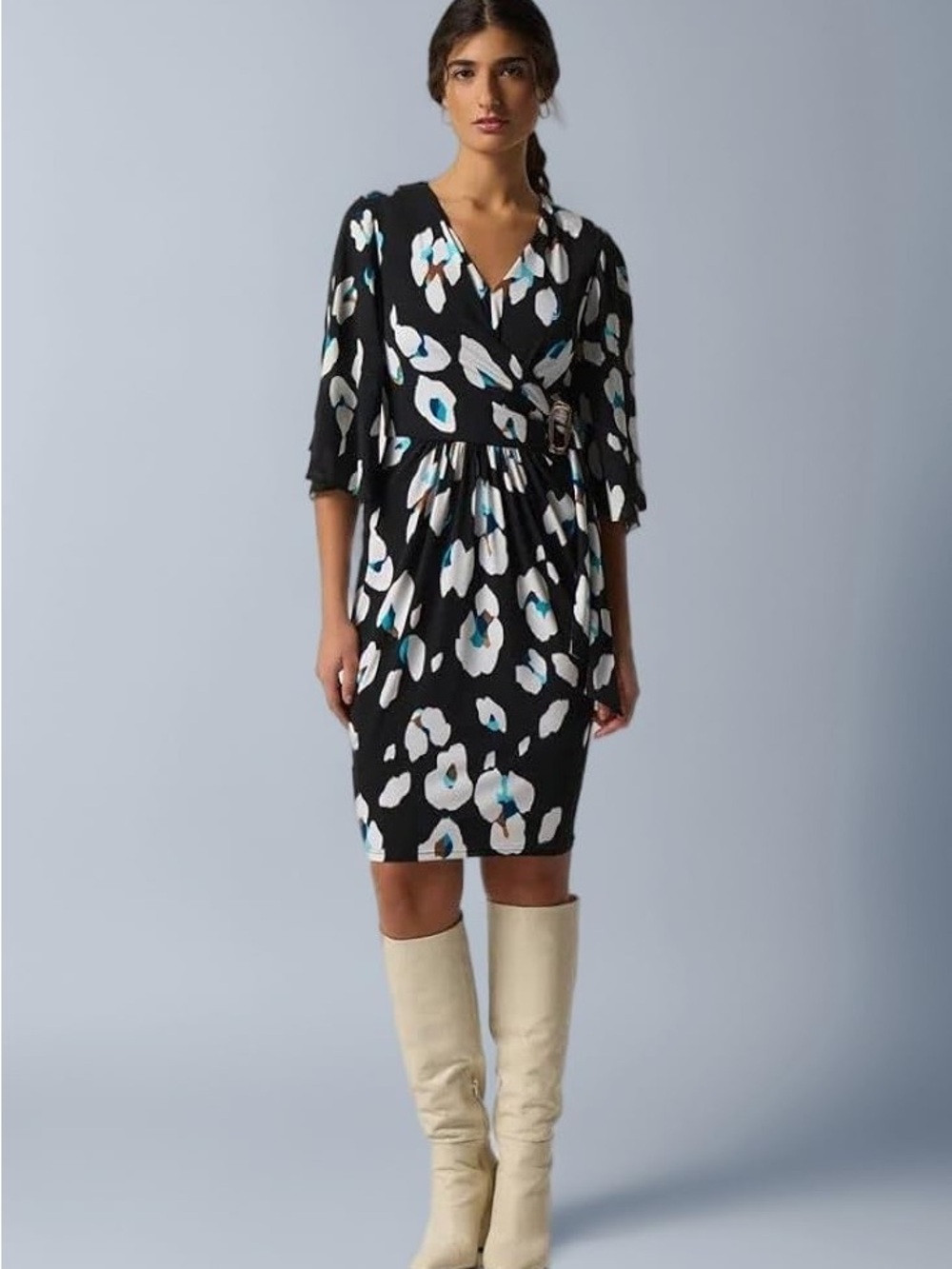Joseph Ribkoff Black Floral Midi Dress with Teal and White Accents
